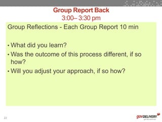 Group Report Back
                        3:00– 3:30 pm
     Group Reflections - Each Group Report 10 min

     • What did you learn?
     • Was the outcome of this process different, if so
       how?
     • Will you adjust your approach, if so how?




22
 