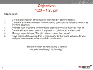 Objectives
                              1:20 – 1:25 pm
    Objectives:

    1.   Create a foundation of workability grounded in commonalities
    2.   Create a “safe environment” where asking questions is valued as much as
         knowing answers
    3.   Address root problems and measure against objective-focused metrics
    4.   Create a likely-to-succeed action plan that builds trust and support
    5.   Manage expectations: “People rather choose than loose”
    6.   Have citizens take action that is meaningful to them and valuable to you
         and produce a measurable result (in most cases)


                      “We are human beings having a human
                         experience through technology”




5
 