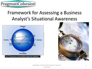 Framework for Assessing a Business Analyst’s
Situational Awareness
Copyrights (c) 2011-2013 Pragmatic Cohesion
Consulting
1
Determine the Complexity of your responsibilities
from Trivial Problems to Wicked ones
 