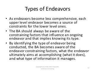 Types of Endeavors
• As endeavors become less comprehensive, each
upper level endeavor becomes a source of
constraints for the lower level ones.
• The BA should always be aware of the
constraining factors that influence an ongoing
endeavor and that implies knowing its type.
• By identifying the type of endeavor being
conducted, the BA becomes aware of the
endeavor constraining factors, what the endeavor
ultimately aims at accomplishing (what it does),
and what type of information it manages.
Copyrights (c) 2011-2013 Pragmatic
Cohesion Consulting
12
 