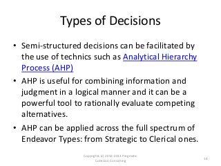 Types of Decisions
• Semi-structured decisions can be facilitated by
the use of technics such as Analytical Hierarchy
Process (AHP)
• AHP is useful for combining information and
judgment in a logical manner and it can be a
powerful tool to rationally evaluate competing
alternatives.
• AHP can be applied across the full spectrum of
Endeavor Types: from Strategic to Clerical ones.
Copyrights (c) 2011-2013 Pragmatic
Cohesion Consulting
14
 