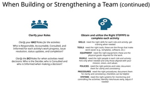 When Building or Strengthening a Team (continued)
Clarify your Roles
Clarify your RACI Roles for the activities:
Who is Responsible, Accountable, Consulted, and
Informed for each activity’s work progress, issue
resolution, status updates, and completion?
Clarify the DCI Roles for when activities need
decisions: Who is the Decider, who is Consulted and
who is Informed when making a decision?
Obtain and utilize the Right STEPPPS to
complete each activity
SKILLS: need the right skills for each role and activity; get
training when needed
TOOLS: need the right tools; these are the things that make
work easier (e.g., templates, software, etc.)
EQUIPMENT: need the right equipment; these are the
physical goods required for the work
PEOPLE: need the right people in each role and activity;
hire only when needed and only those aligned with your
mission, vision, and values
POLICIES: need the right policies and rules; document
them for clarity and consistency
PROCEDURES: need the right procedures; document them
for clarity and consistency; checklists can be helpful
SYSTEMS: need the right systems for monitoring and
controlling the activities; identify risks/issues early, adjust if
needed
 