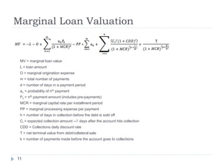 Marginal Loan Valuation


 MV = marginal loan value
 L = loan amount
 O = marginal origination expense
 m = total number of payments
 d = number of days in a payment period
 an = probability of nth payment
 Pn = nth payment amount (includes pre-payments)
 MCR = marginal capital rate per installment period
 PP = marginal processing expense per payment
 h = number of days in collection before the debt is sold off
 Ci = expected collection amount --‘i’ days after the account hits collection
 CDD = Collections daily discount rate
 T = net terminal value from debt/collateral sale
 k = number of payments made before the account goes to collections




11
 