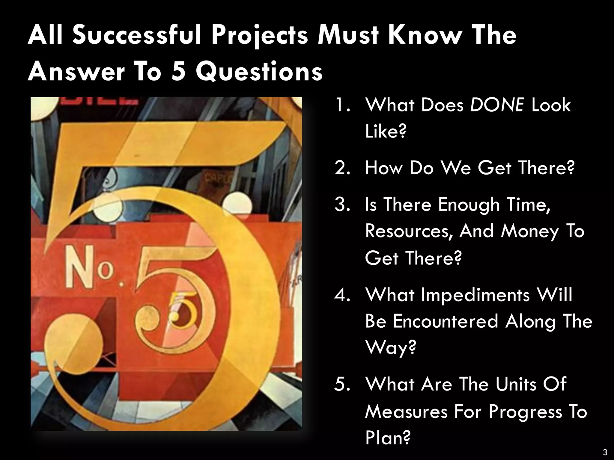 1. What Does DONE Look
Like?
2. How Do We Get There?
3. Is There Enough Time,
Resources, And Money To
Get There?
4. What Impediments Will
Be Encountered Along The
Way?
5. What Are The Units Of
Measures For Progress To
Plan?
All Successful Projects Must Know The
Answer To 5 Questions
3
 