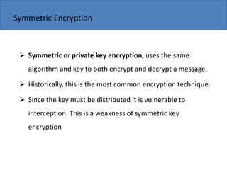 Copyright 2006 John Wiley & Sons, Inc.
Symmetric Encryption
 Symmetric or private key encryption, uses the same
algorithm and key to both encrypt and decrypt a message.
 Historically, this is the most common encryption technique.
 Since the key must be distributed it is vulnerable to
interception. This is a weakness of symmetric key
encryption
 