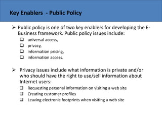 Copyright 2006 John Wiley & Sons, Inc.
Key Enablers - Public Policy
 Public policy is one of two key enablers for developing the E-
Business framework. Public policy issues include:
 universal access,
 privacy,
 information pricing,
 information access.
 Privacy issues include what information is private and/or
who should have the right to use/sell information about
Internet users:
 Requesting personal information on visiting a web site
 Creating customer profiles
 Leaving electronic footprints when visiting a web site
 