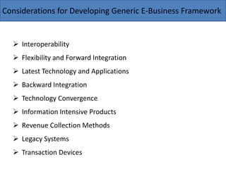  Interoperability
 Flexibility and Forward Integration
 Latest Technology and Applications
 Backward Integration
 Technology Convergence
 Information Intensive Products
 Revenue Collection Methods
 Legacy Systems
 Transaction Devices
Considerations for Developing Generic E-Business Framework
 