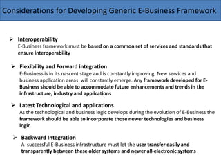 Considerations for Developing Generic E-Business Framework
 Interoperability
E-Business framework must be based on a common set of services and standards that
ensure interoperability
 Flexibility and Forward integration
E-Business is in its nascent stage and is constantly improving. New services and
business application areas will constantly emerge. Any framework developed for E-
Business should be able to accommodate future enhancements and trends in the
infrastructure, industry and applications
 Latest Technological and applications
As the technological and business logic develops during the evolution of E-Business the
framework should be able to incorporate those newer technologies and business
logic.
 Backward Integration
A successful E-Business infrastructure must let the user transfer easily and
transparently between these older systems and newer all-electronic systems
 
