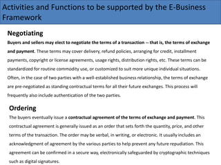 Activities and Functions to be supported by the E-Business
Framework
Negotiating
Buyers and sellers may elect to negotiate the terms of a transaction -- that is, the terms of exchange
and payment. These terms may cover delivery, refund policies, arranging for credit, installment
payments, copyright or license agreements, usage rights, distribution rights, etc. These terms can be
standardized for routine commodity use, or customized to suit more unique individual situations.
Often, in the case of two parties with a well-established business relationship, the terms of exchange
are pre-negotiated as standing contractual terms for all their future exchanges. This process will
frequently also include authentication of the two parties.
Ordering
The buyers eventually issue a contractual agreement of the terms of exchange and payment. This
contractual agreement is generally issued as an order that sets forth the quantity, price, and other
terms of the transaction. The order may be verbal, in writing, or electronic. It usually includes an
acknowledgment of agreement by the various parties to help prevent any future repudiation. This
agreement can be confirmed in a secure way, electronically safeguarded by cryptographic techniques
such as digital signatures.
 
