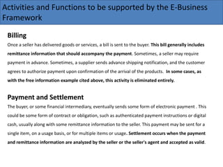 Activities and Functions to be supported by the E-Business
Framework
Billing
Once a seller has delivered goods or services, a bill is sent to the buyer. This bill generally includes
remittance information that should accompany the payment. Sometimes, a seller may require
payment in advance. Sometimes, a supplier sends advance shipping notification, and the customer
agrees to authorize payment upon confirmation of the arrival of the products. In some cases, as
with the free information example cited above, this activity is eliminated entirely.
Payment and Settlement
The buyer, or some financial intermediary, eventually sends some form of electronic payment . This
could be some form of contract or obligation, such as authenticated payment instructions or digital
cash, usually along with some remittance information to the seller. This payment may be sent for a
single item, on a usage basis, or for multiple items or usage. Settlement occurs when the payment
and remittance information are analyzed by the seller or the seller's agent and accepted as valid.
 