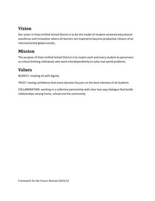 Vision
Our vision in Vista Unified School District is to be the model of student-centered educational
excellence and innovation where all learners are inspired to become productive citizens of an
interconnected global society.

Mission
The purpose of Vista Unified School District is to inspire each and every student to perservere
as critical thinking individuals who work interdependently to solve real world problems.

Values
RESPECT: treating all with dignity

TRUST: having confidence that every decision focuses on the best interests of all students

COLLABORATION: working in a collective partnership with clear two-way dialogue that builds
relationships among home, school and the community




Framework for the Future: Revised 10/31/12
 