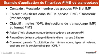 © Mesclado 2013 – All rights reserved
• Contexte : Mesclado membre des groupes FIMS et IMF
• Enjeux : ré-utiliser dans IMF le service FIMS “Transform”
(transcodage)
• Objectif : mettre l’OPL (instructions de transcodage IMF)
au format FIMS
 Aujourd’hui : chaque marque de transcodeur a sa propre API
 Paramètres de transcodage différents d’une marque à l’autre
 Comment garantir l’exploitation des mêmes noms, types et valeurs,
quel que soit le service utilisé par l’OPL ?
Exemple d’application de l’interface FIMS de transcodage
 