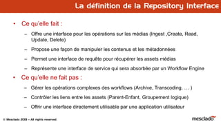 © Mesclado 2013 – All rights reserved
La définition de la Repository Interface
• Ce qu’elle fait :
– Offre une interface pour les opérations sur les médias (Ingest ,Create, Read,
Update, Delete)
– Propose une façon de manipuler les contenus et les métadonnées
– Permet une interface de requête pour récupérer les assets médias
– Représente une interface de service qui sera absorbée par un Workflow Engine
• Ce qu’elle ne fait pas :
– Gérer les opérations complexes des workflows (Archive, Transcoding, … )
– Contrôler les liens entre les assets (Parent-Enfant, Groupement logique)
– Offrir une interface directement utilisable par une application utilisateur
 
