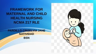 FRAMEWORK FOR
MATERNAL AND CHILD
HEALTH NURSING
NCMA 217 RLE
PARDILLO CRIZELVIA JANE
NATIVIDAD
BSN
 