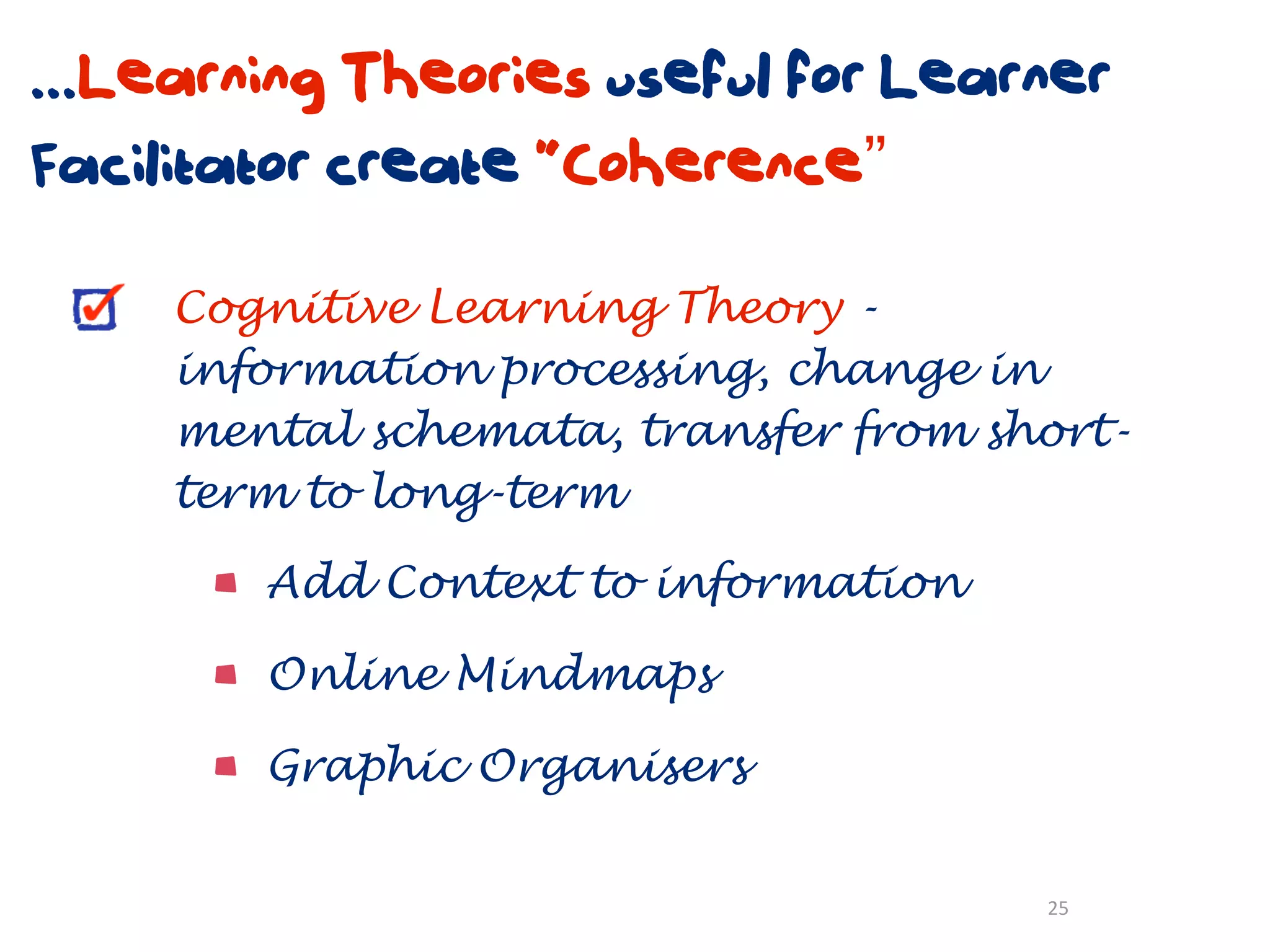...Learning Theories useful for Learner
Facilitator create “Coherence”

     Cognitive Learning Theory -
     information processing, change in
     mental schemata, transfer from short-
     term to long-term

        Add Context to information

        Online Mindmaps

        Graphic Organisers


                                      25
 