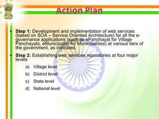 • Step 1: Development and implementation of web services
  (based on SOA – Service Oriented Architecture) for all the e-
  governance applications (such as ePanchayat for Village
  Panchayats, eMunicipality for Municipalities) at various tiers of
  the government, as indicated.
• Step 2: Establishing web services repositories at four major
  levels
       a) Village level
       b) District level
       c) State level
       d) National level
 
