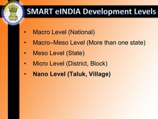 •   Macro Level (National)
•   Macro–Meso Level (More than one state)
•   Meso Level (State)
•   Micro Level (District, Block)
•   Nano Level (Taluk, Village)
 