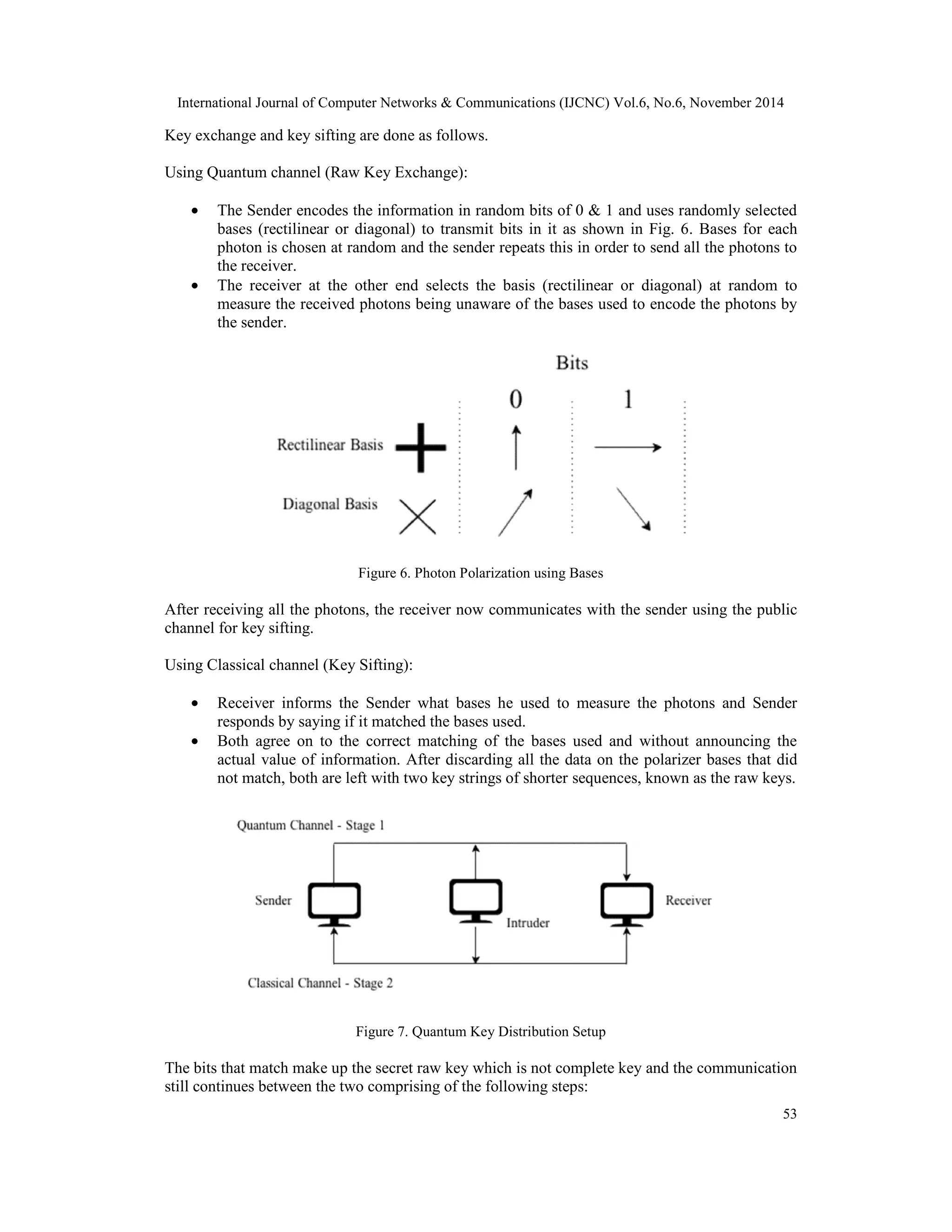 International Journal of Computer Networks & Communications (IJCNC) Vol.6, No.6, November 2014 53 Key exchange and key sifting are done as follows. Using Quantum channel (Raw Key Exchange): · The Sender encodes the information in random bits of 0 & 1 and uses randomly selected bases (rectilinear or diagonal) to transmit bits in it as shown in Fig. 6. Bases for each photon is chosen at random and the sender repeats this in order to send all the photons to the receiver. · The receiver at the other end selects the basis (rectilinear or diagonal) at random to measure the received photons being unaware of the bases used to encode the photons by the sender. Figure 6. Photon Polarization using Bases After receiving all the photons, the receiver now communicates with the sender using the public channel for key sifting. Using Classical channel (Key Sifting): · Receiver informs the Sender what bases he used to measure the photons and Sender responds by saying if it matched the bases used. · Both agree on to the correct matching of the bases used and without announcing the actual value of information. After discarding all the data on the polarizer bases that did not match, both are left with two key strings of shorter sequences, known as the raw keys. Figure 7. Quantum Key Distribution Setup The bits that match make up the secret raw key which is not complete key and the communication still continues between the two comprising of the following steps: 