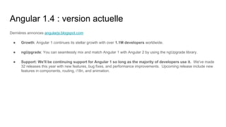 Angular 1.4 : version actuelle
Dernières annonces angularjs.blogspot.com
● Growth: Angular 1 continues its stellar growth with over 1.1M developers worldwide.
● ngUpgrade: You can seamlessly mix and match Angular 1 with Angular 2 by using the ngUpgrade library.
● Support: We'll be continuing support for Angular 1 so long as the majority of developers use it. We've made
32 releases this year with new features, bug fixes, and performance improvements. Upcoming release include new
features in components, routing, i18n, and animation.
 