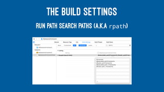 THE BUILD SETTINGS
RUN PATH SEARCH PATHS (A.K.A rpath)
 