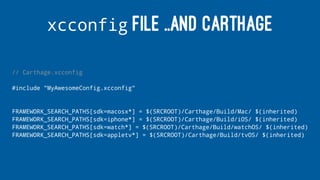 xcconfig FILE ..AND CARTHAGE
// Carthage.xcconfig
#include "MyAwesomeConfig.xcconfig"
FRAMEWORK_SEARCH_PATHS[sdk=macosx*] = $(SRCROOT)/Carthage/Build/Mac/ $(inherited)
FRAMEWORK_SEARCH_PATHS[sdk=iphone*] = $(SRCROOT)/Carthage/Build/iOS/ $(inherited)
FRAMEWORK_SEARCH_PATHS[sdk=watch*] = $(SRCROOT)/Carthage/Build/watchOS/ $(inherited)
FRAMEWORK_SEARCH_PATHS[sdk=appletv*] = $(SRCROOT)/Carthage/Build/tvOS/ $(inherited)
 