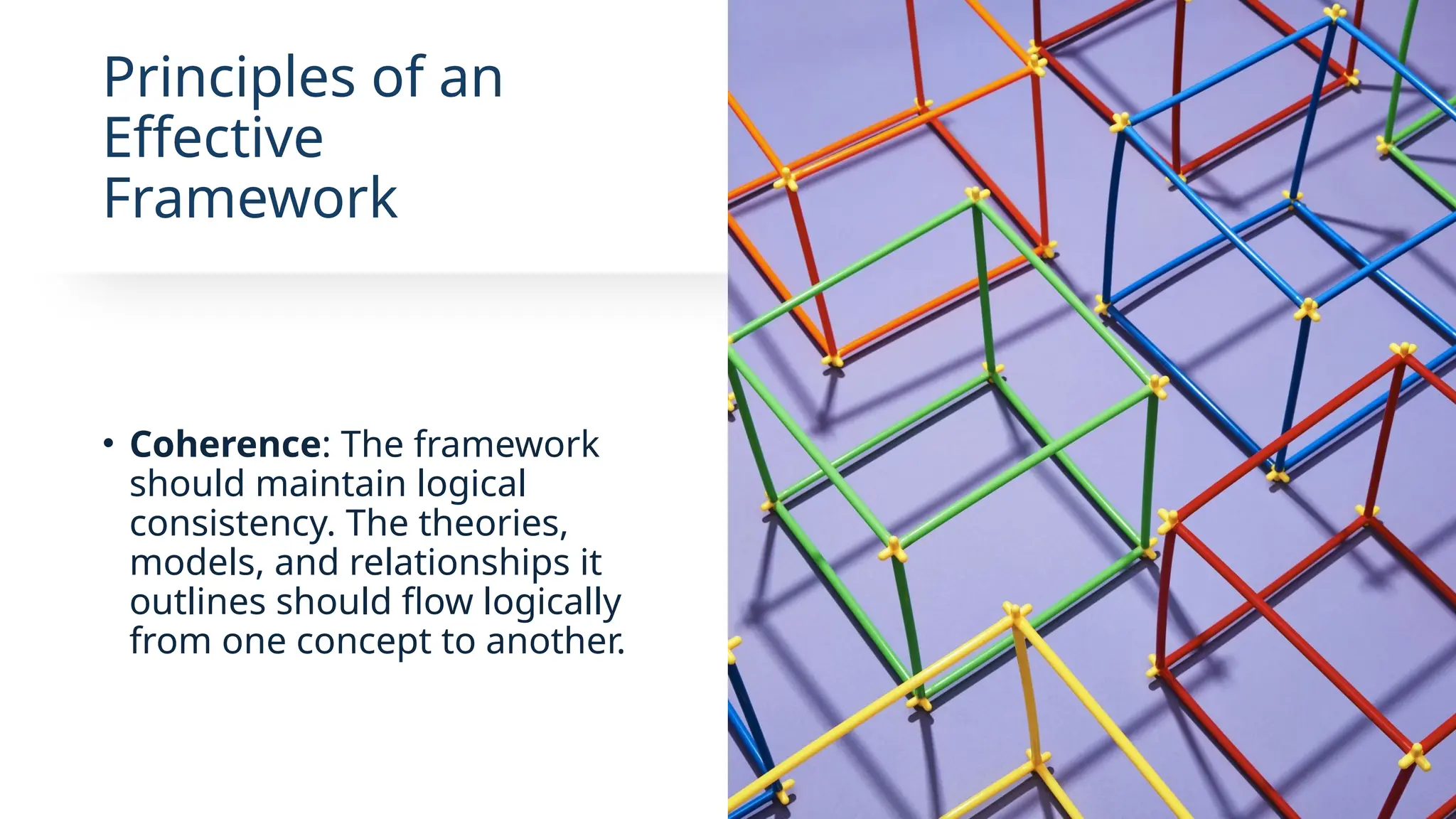 Principles of an
Effective
Framework
• Coherence: The framework
should maintain logical
consistency. The theories,
models, and relationships it
outlines should flow logically
from one concept to another.
 