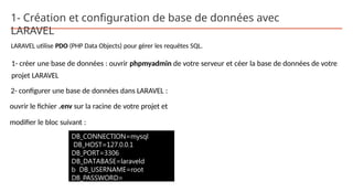 1- Création et configuration de base de données avec
LARAVEL
LARAVEL utilise PDO (PHP Data Objects) pour gérer les requêtes SQL.
1- créer une base de données : ouvrir phpmyadmin de votre serveur et céer la base de données de votre
projet LARAVEL
2- configurer une base de données dans LARAVEL :
ouvrir le fichier .env sur la racine de votre projet et
modifier le bloc suivant :
DB_CONNECTION=mysql
DB_HOST=127.0.0.1
DB_PORT=3306
DB_DATABASE=laraveld
b DB_USERNAME=root
DB_PASSWORD=
 