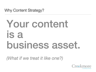 Why Content Strategy?



 Your content
 is a
 business asset.
 (What if we treat it like one?)
 