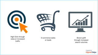 High Click through
rates or increased
traffic
E-commerce sales
or leads
Brand uplift
through increased
search volumes
 