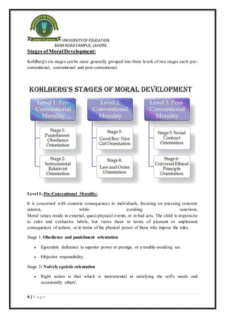 UNIVERSITYOF EDUCATION
BANKROADCAMPUS, LAHORE.
4 | P a g e
Stages ofMoralDevelopment:
Kohlberg's six stages can be more generally grouped into three levels of two stages each: pre-
conventional, conventional and post-conventional.
Level 1:.Pre-Conventional Morality:
It is concerned with concrete consequences to individuals, focusing on pursuing concrete
interest, while avoiding sanctions.
Moral values reside in external, quasi-physical events, or in bad acts. The child is responsive
to rules and evaluative labels, but views them in terms of pleasant or unpleasant
consequences of actions, or in terms of the physical power of those who impose the rules.
Stage 1: Obedience and punishment orientation
 Egocentric deference to superior power or prestige, or a trouble-avoiding set.
 Objective responsibility.
Stage 2: Naively egoistic orientation
 Right action is that which is instrumental in satisfying the self's needs and
occasionally others'.
 