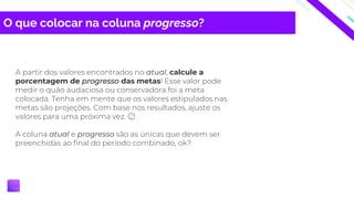 O que colocar na coluna progresso?
A partir dos valores encontrados no atual, calcule a
porcentagem de progresso das metas! Esse valor pode
medir o quão audaciosa ou conservadora foi a meta
colocada. Tenha em mente que os valores estipulados nas
metas são projeções. Com base nos resultados, ajuste os
valores para uma próxima vez. 😉
A coluna atual e progresso são as únicas que devem ser
preenchidas ao final do período combinado, ok?
 