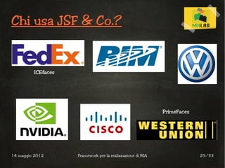 Chi usa JSF & Co.?


         ICEfaces




                                                            PrimeFaces




14 maggio 2012      Framework per la realizzazione di RIA                29/33
 