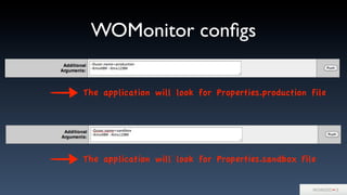 WOMonitor conﬁgs
The application will look for Properties.production file
The application will look for Properties.sandbox file
 