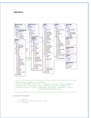 (AppTypes)




/* ********************************************************************
 * @Programmer: Marcelo D. Salvador
 * SetFocus 2008(Q4) Project#1 - (Business Tier for Retail Company)
 * Description: Attribute class created to further document the
 * classes written. Project: AppTypes; Namespace: appTypes; Source:
 *                           DeveloperInfoAttribute.cs
 *
 *********************************************************************/

namespace AppTypes
{
    /// <summary>
    /// Developer Info Attribute class
    /// </summary>
 