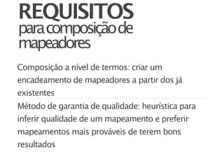 REQUISITOS
para composição de
mapeadores
Composição a nível de termos: criar um
encadeamento de mapeadores a partir dos já
existentes
Método de garantia de qualidade: heurística para
inferir qualidade de um mapeamento e preferir
mapeamentos mais prováveis de terem bons
resultados
 