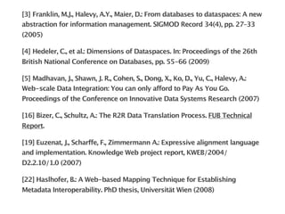 [3]
Franklin, M.J., Halevy, A.Y., Maier, D.: From databases to dataspaces: A new
abstraction for information management. SIGMOD Record 34(4), pp. 27–33
(2005)

[4]
Hedeler, C., et al.: Dimensions of Dataspaces. In: Proceedings of the 26th
British National Conference on Databases, pp. 55-66 (2009)

[5]
Madhavan, J., Shawn, J. R., Cohen, S., Dong, X., Ko, D., Yu, C., Halevy, A.:
Web-scale Data Integration: You can only afford to Pay As You Go.
Proceedings of the Conference on Innovative Data Systems Research (2007)

[16] Bizer, C., Schultz, A.: The R2R Data Translation Process. FUB Technical
Report.

[19] Euzenat, J., Scharffe, F., Zimmermann A.: Expressive alignment language
and implementation. Knowledge Web project report, KWEB/2004/
D2.2.10/1.0 (2007)

[22] Haslhofer, B.: A Web-based Mapping Technique for Establishing
Metadata Interoperability. PhD thesis, Universität Wien (2008)
 
