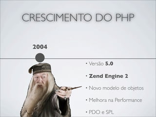 CRESCIMENTO DO PHP

 2004

          • Versão   5.0

          • Zend     Engine 2

          • Novo   modelo de objetos

          • Melhora   na Performance

          • PDO    e SPL
 