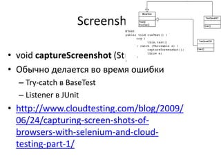 Screenshots<br />void captureScreenshot(String filename);<br />Обычно делается во время ошибки<br />Try-catch в BaseTest<b...