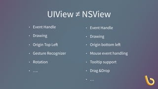 UIView ≠ NSView
• Event Handle
• Drawing
• Event Handle
• Drawing
• Origin Top Left
• Gesture Recognizer
• Rotation
• ….
• Origin bottom left
• Mouse event handling
• Tooltip support
• Drag &Drop
• …
 