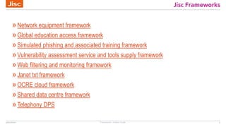 Jisc Frameworks
»Network equipment framework
»Global education access framework
»Simulated phishing and associated trainin...