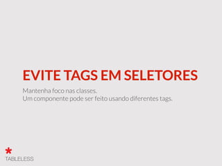 EVITE TAGS EM SELETORES
Mantenha foco nas classes.
Um componente pode ser feito usando diferentes tags.
 