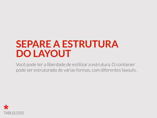 SEPARE A ESTRUTURA
DO LAYOUT
Você pode ter a liberdade de estilizar a estrutura. O container
pode ser estruturado de várias formas, com diferentes layouts.
 