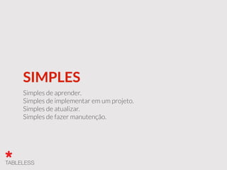 SIMPLES
Simples de aprender.
Simples de implementar em um projeto.
Simples de atualizar.
Simples de fazer manutenção.
 
