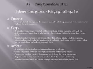 Release Management – Bringing it all together

   Purpose
       To ensure that all changes are deployed successfully into the production IT environment in
        the least disruptive manner.

   Scope
       Driving the release strategy, which is the overarching design, plan, and approach for
        deployment of a change into production in collaboration with the change advisory board
        (CAB).
       Determining the readiness of each release based on release criteria (quality of release,
        release package and production environment readiness, training and support plans, rollout
        and back-out plans, and risk management plan).

   Benefits
       Gives the possibility to plan resource requirements in advance
       Gives a structured approach, leading to an efficient and effective process
       Changes are bundled together in a release, minimizing the impact on the user
       Helps to verify correct usability and functionality before release by testing
       Provides version control and central storage, which ensures correct version use



                                                                                                     Slide # 18
 