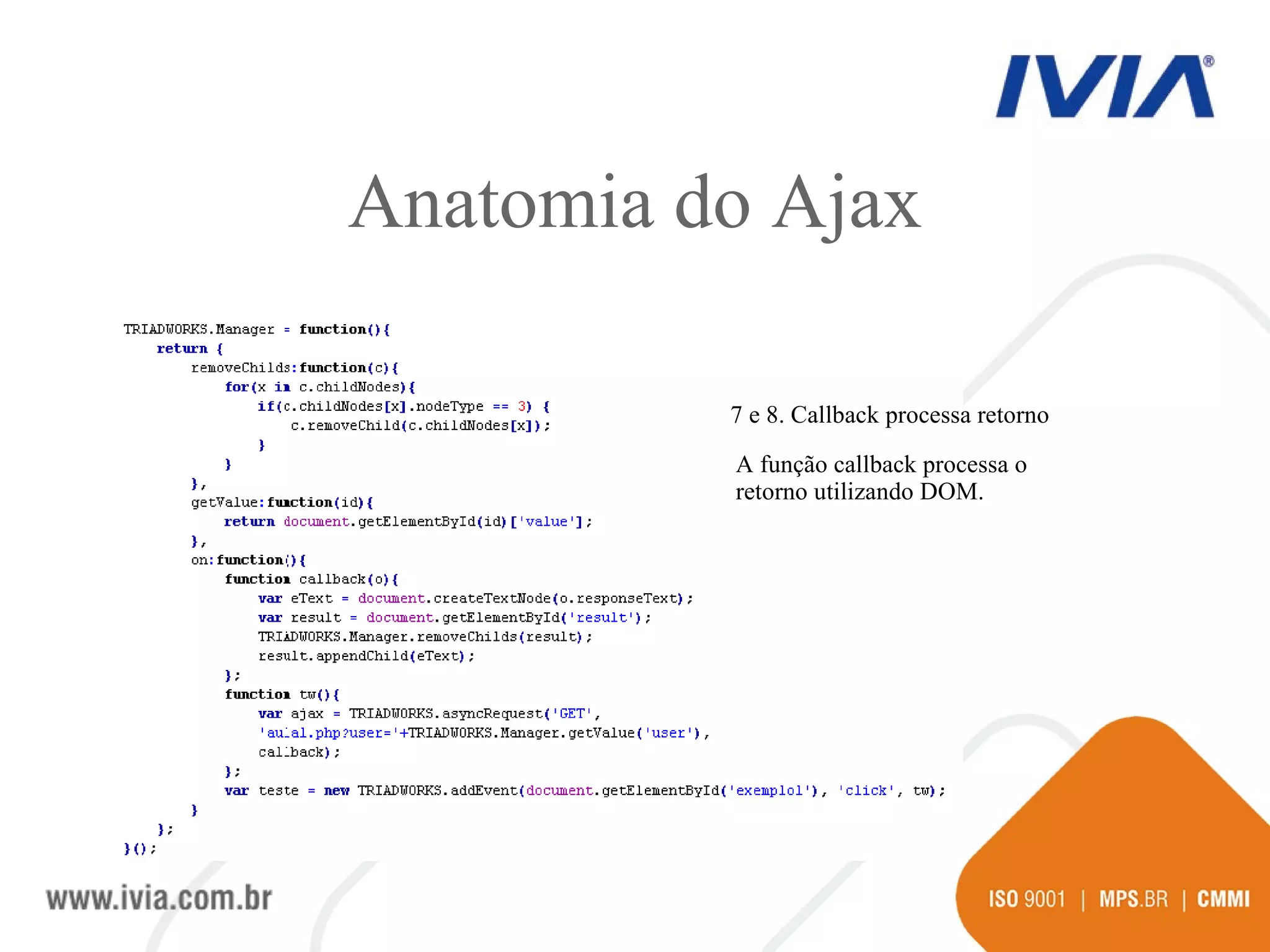 Anatomia do Ajax A função callback processa o retorno utilizando DOM. 7 e 8. Callback processa retorno 