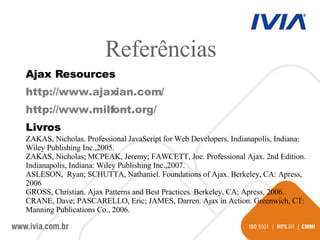 Ajax Resources http://www.ajaxian.com/  http://www.milfont.org/ Livros ZAKAS, Nicholas.  Professional JavaScript for Web Developers. Indianapolis, Indiana: Wiley Publishing Inc.,2005. ZAKAS, Nicholas; MCPEAK, Jeremy; FAWCETT, Joe. Professional Ajax. 2nd Edition. Indianapolis, Indiana: Wiley Publishing Inc.,2007. ASLESON,  Ryan; SCHUTTA, Nathaniel. Foundations of Ajax. Berkeley, CA: Apress, 2006 GROSS, Christian. Ajax Patterns and Best Practices. Berkeley, CA: Apress, 2006. CRANE, Dave; PASCARELLO, Eric; JAMES, Darren. Ajax in Action. Greenwich, CT: Manning Publications Co., 2006. Referências 