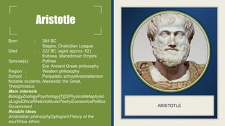 ARISTOTLE
Aristotle
Born : 384 BC
Stagira, Chalcidian League
Died : 322 BC (aged approx. 62)
Euboea, Macedonian Empire
Spouse(s): Pythias
Era Ancient Greek philosophy
Region : Western philosophy
School : Peripatetic schoolAristotelianism
Notable students: Alexander the Great,
Theophrastus
Main interests
BiologyZoologyPsychology[1][2]PhysicsMetaphysic
sLogicEthicsRhetoricMusicPoetryEconomicsPolitics
Government
Notable ideas
Aristotelian philosophySyllogismTheory of the
soulVirtue ethics
 