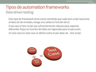Tipos de automationframeworks
Data-driventesting
Este tipo de framework tiene como cometido que cada test script reaccione
al data set de entrada y tenga una salida en función de el.
O sea que el test script sea suficientemente robusto para soportar
diferentes flujos en función del data set ingresado para la ejecución.
Un test case en este caso se define como el par data set - test script.
Creación de Frameworks para Automation:
Las básicas
 