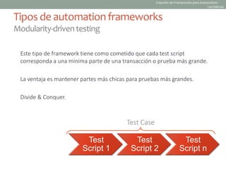 Este tipo de framework tiene como cometido que cada test script
corresponda a una minima parte de una transacción o prueba más grande.
La ventaja es mantener partes más chicas para pruebas más grandes.
Divide & Conquer.
Tipos de automationframeworks
Modularity-driventesting
Test
Script 1
Test
Script 2
Test
Script n
Test Case
Creación de Frameworks para Automation:
Las básicas
 