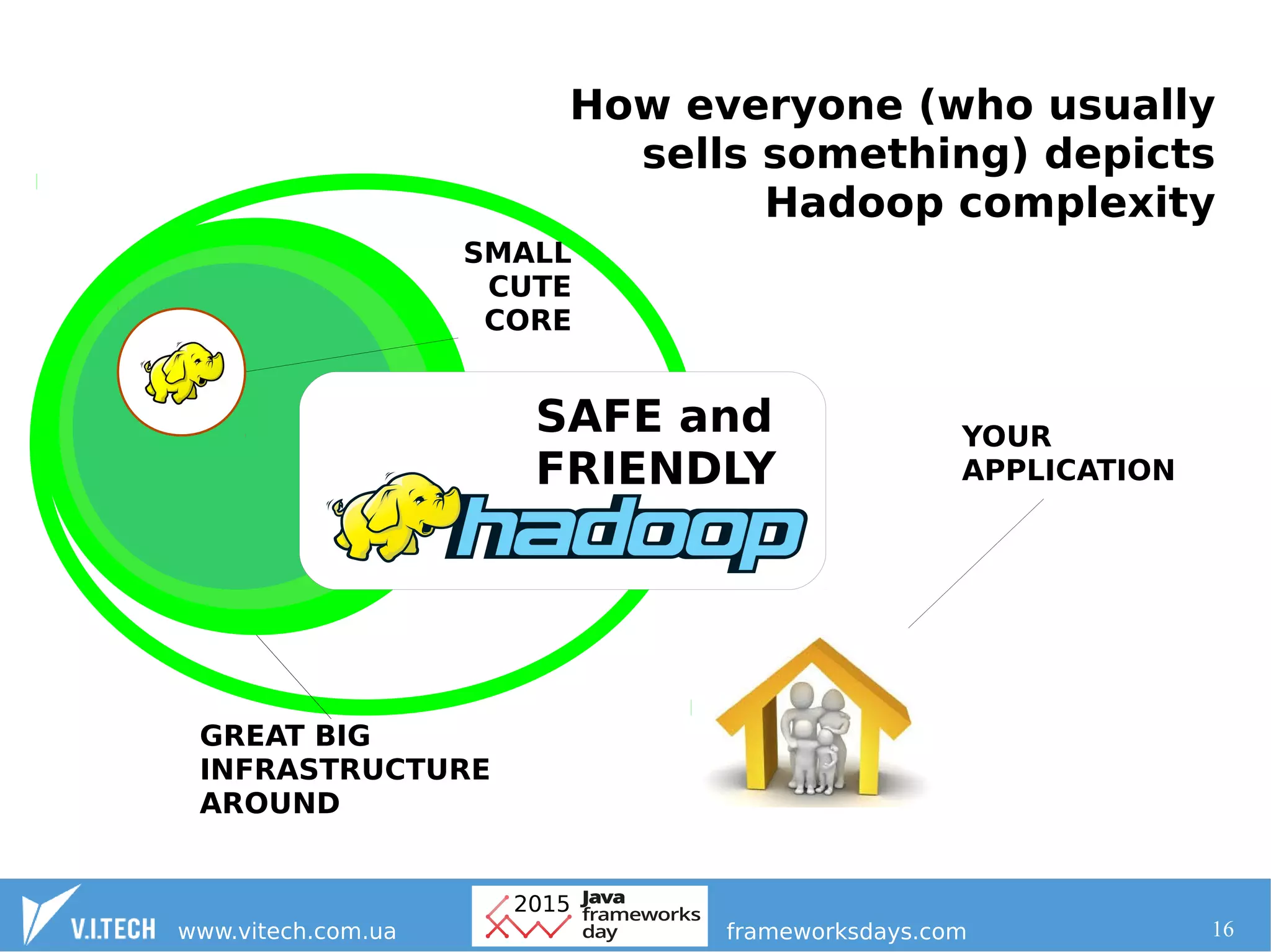 16
How everyone (who usually
sells something) depicts
Hadoop complexity
GREAT BIG
INFRASTRUCTURE
AROUND
SMALL
CUTE
CORE
YOUR
APPLICATION
SAFE and
FRIENDLY
 